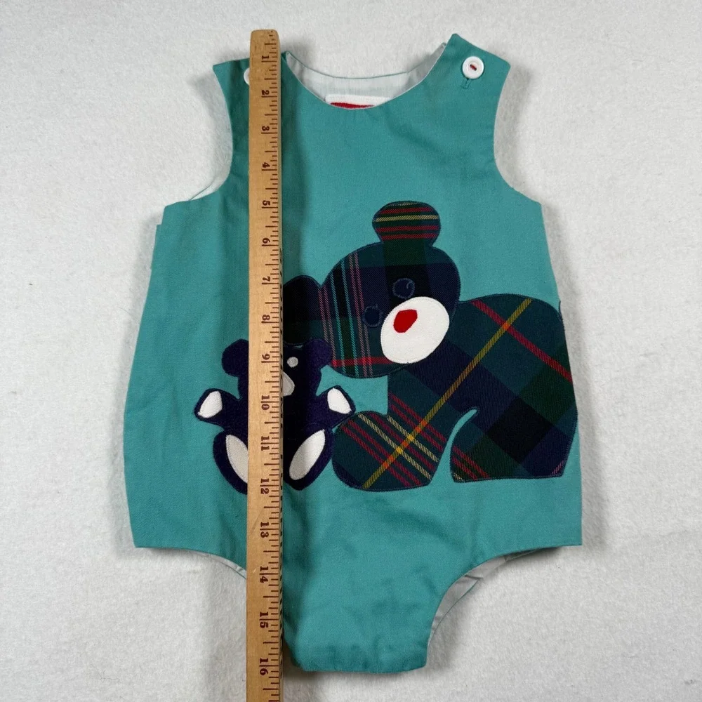Vintage Chocolate Soup Teal Plaid Teddy Bear Bubble Romper Baby 9-12 months